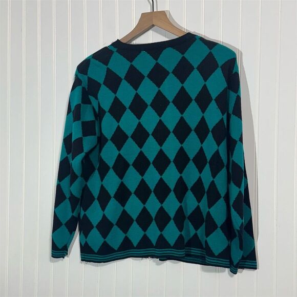 Vintage Adolfo Green Black Cardigan L Harlequin Diamond Sweater Zip Front Wool - Picture 3 of 8
